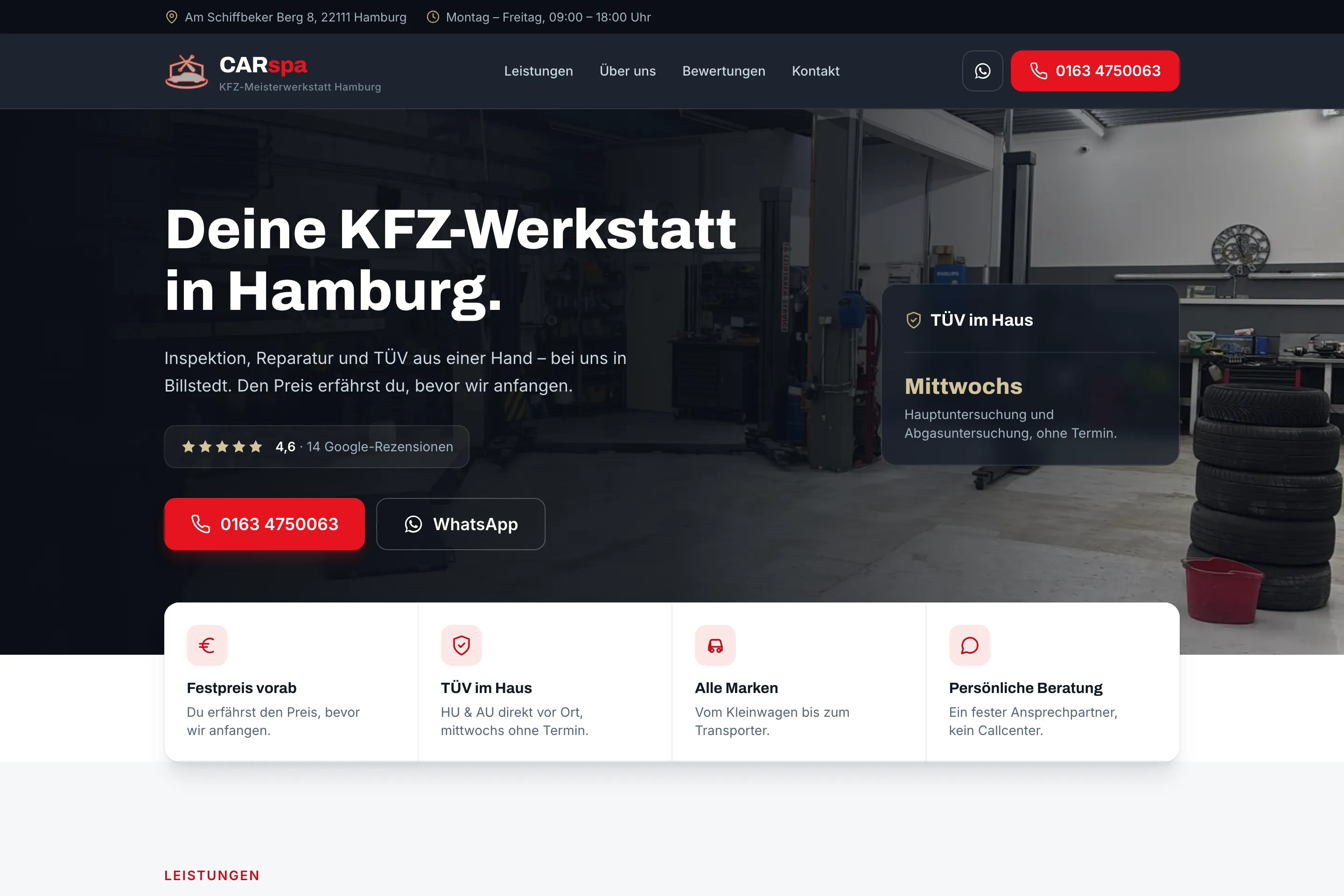 Startseite von CARspa Hamburg: Überschrift „Deine KFZ-Werkstatt in Hamburg“ über einem Foto der Werkstatt, darunter vier Kacheln mit den Vorteilen.